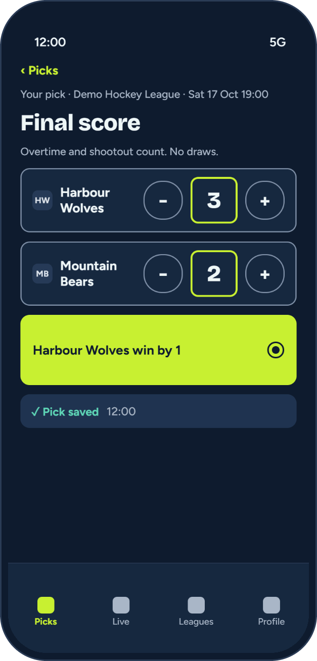 BragCrew pick sample for ice hockey: Harbour Wolves 3, Mountain Bears 2 as the final score, Harbour Wolves win by 1, Pick saved