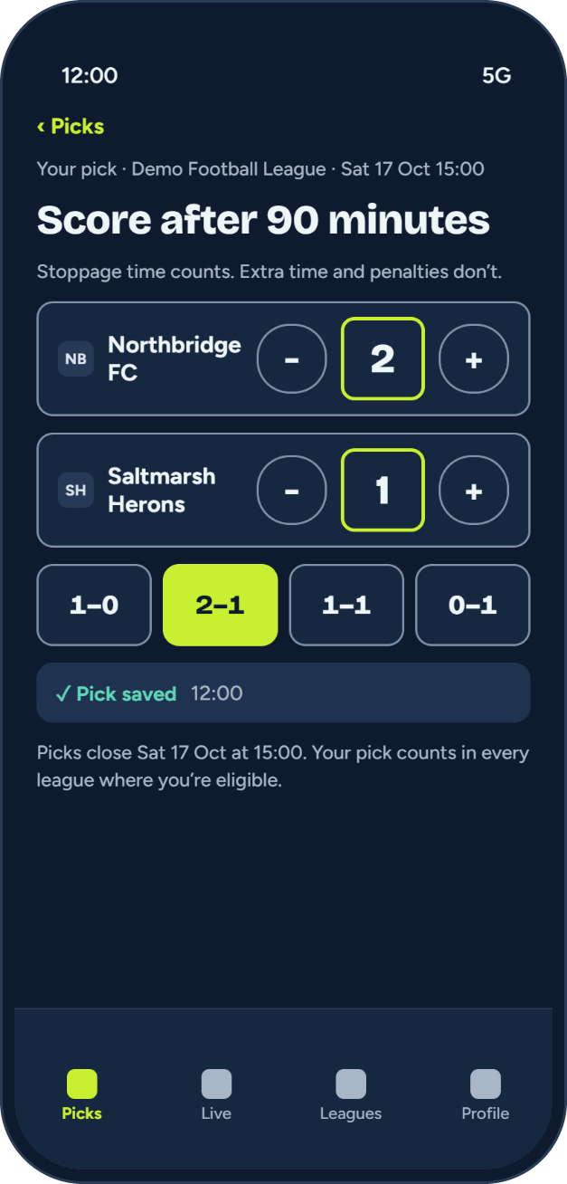 BragCrew pick editor for football: Northbridge FC against Saltmarsh Herons, Score after 90 minutes, steppers at 2 and 1, Pick saved